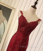 Red V Neck Lace Mermaid Long Formal Prom Dress, Red Evening Dress