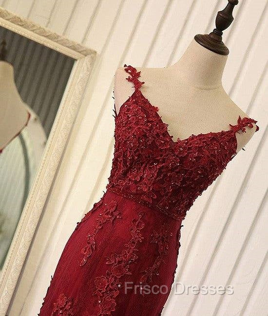 Red V Neck Lace Mermaid Long Formal Prom Dress, Red Evening Dress