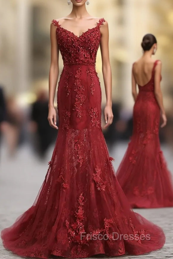 Red V Neck Lace Mermaid Long Formal Prom Dress, Red Evening Dress Main image