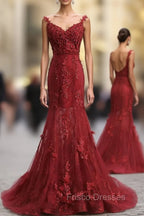 Red V Neck Lace Mermaid Long Formal Prom Dress, Red Evening Dress