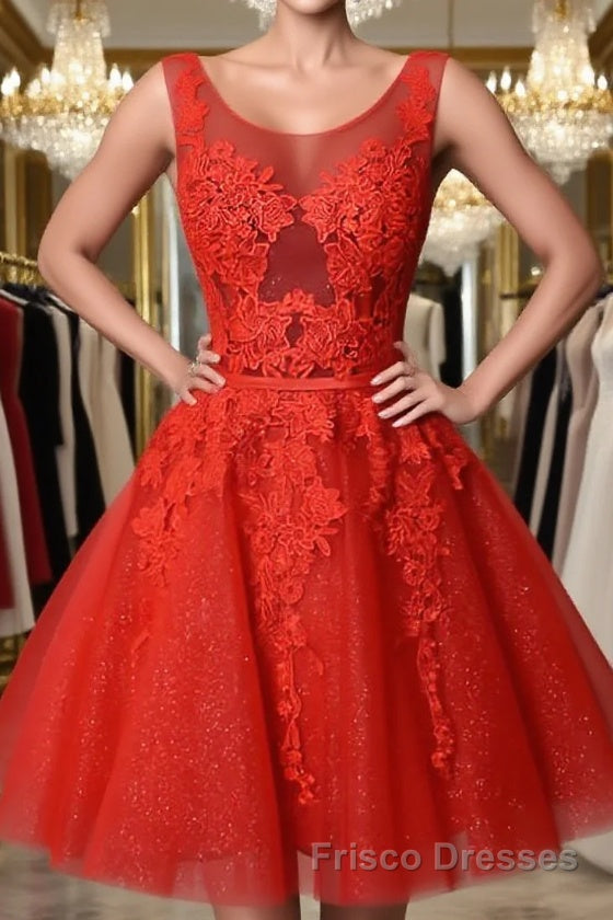 Red v neck lace tulle short Formal Prom Dresses, red homecoming Dresses Main image