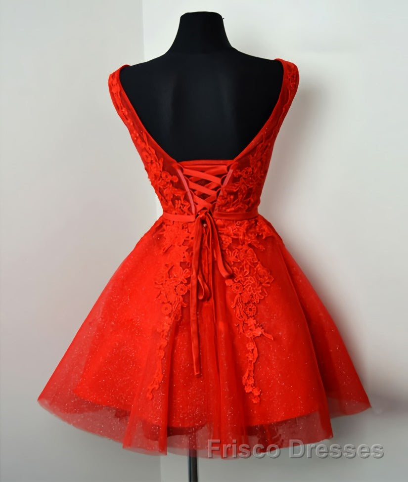Red v neck lace tulle short Formal Prom Dresses, red homecoming Dresses Secondary image