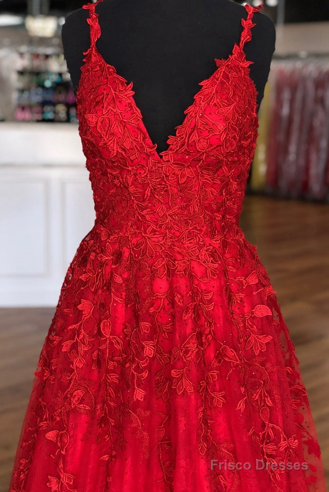 Red V-Neck Leaf Lace Prom Dresses Long