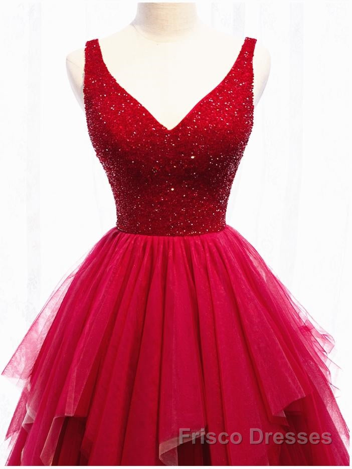 Red V Neck Long Formal Prom Dresses with Corset Back, Red Floor Length Formal Prom Gown, Evening Dresses