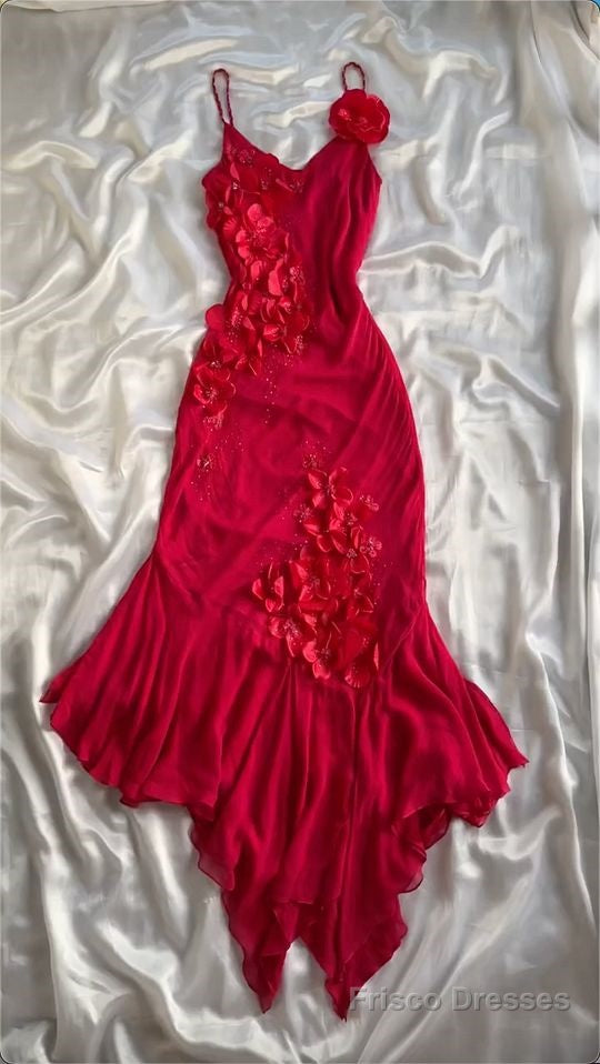 Red V-Neck Prom Dress Long Formal Dress With Flowers Secondary image