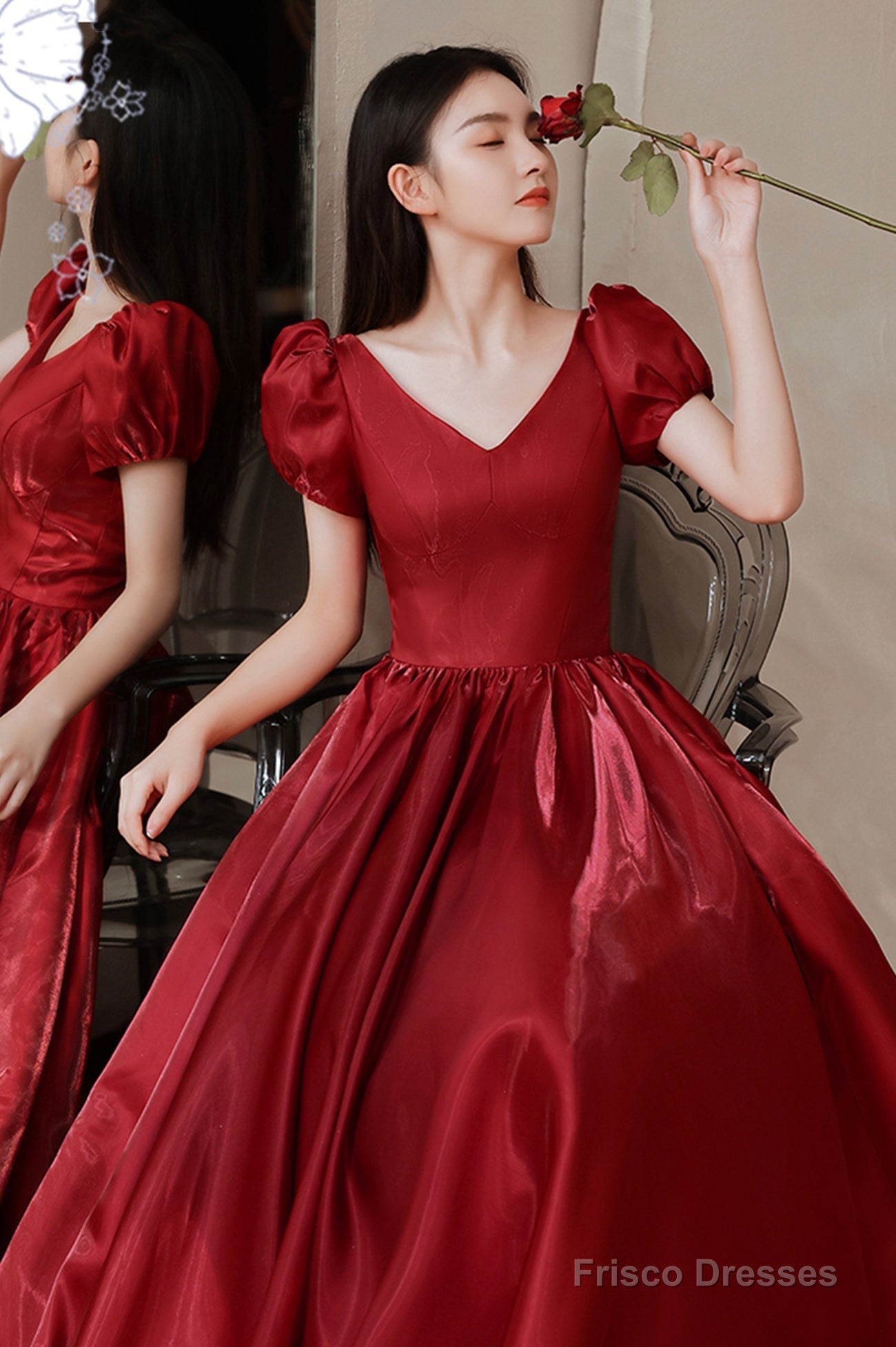 Red V-Neck Satin Long Prom Dress, A-Line Evening Dress