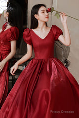 Red V-Neck Satin Long Prom Dress, A-Line Evening Dress