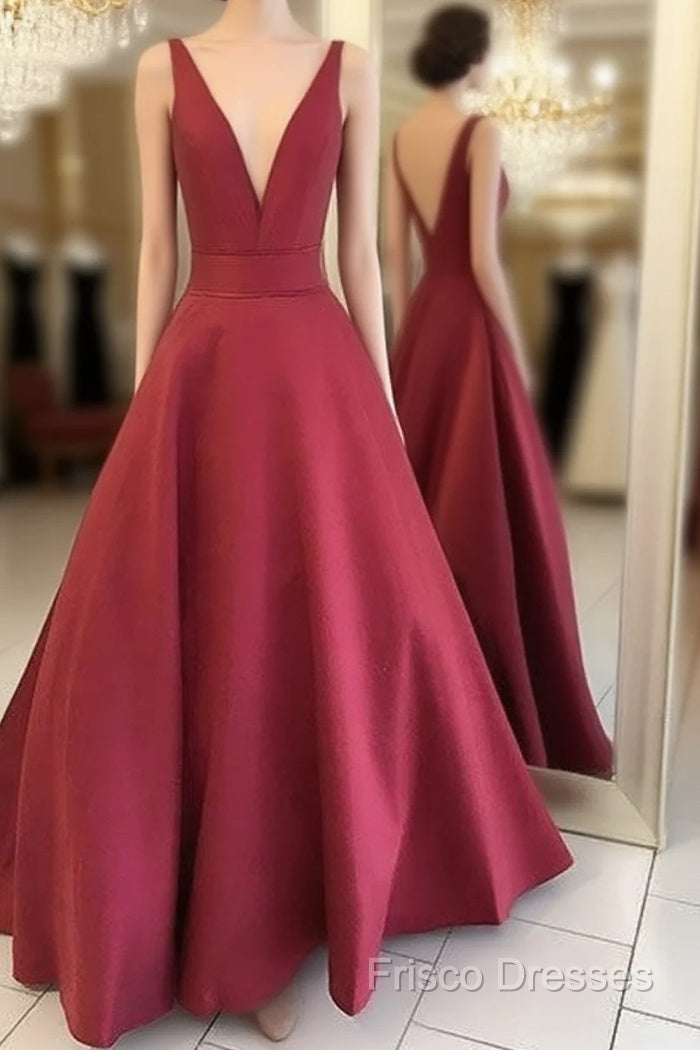 Red V Neck Satin Long Formal Prom Dress, Red Formal Dress