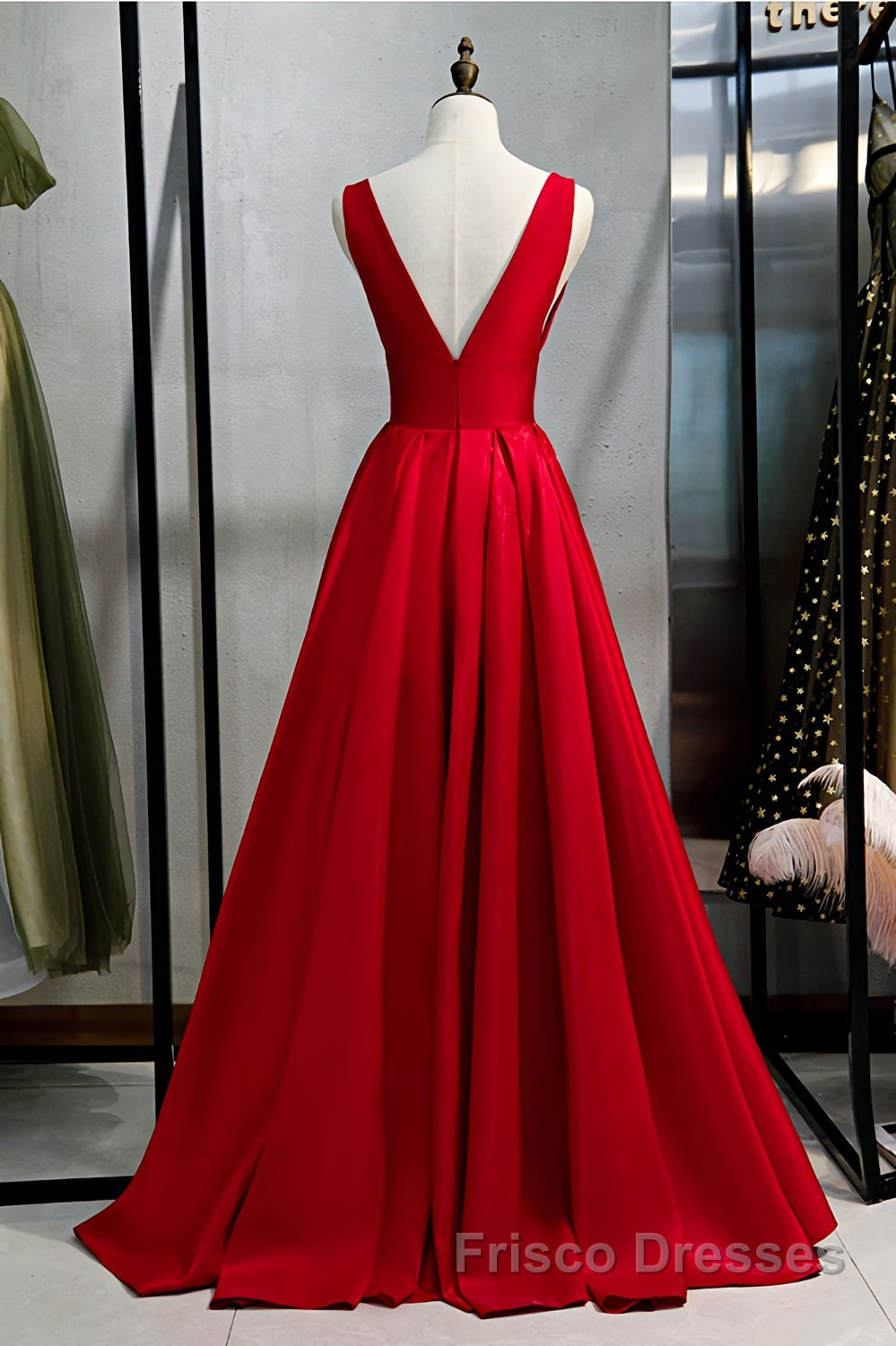 Red v neck satin long Formal Prom Dresses simple red evening Dresses Secondary image