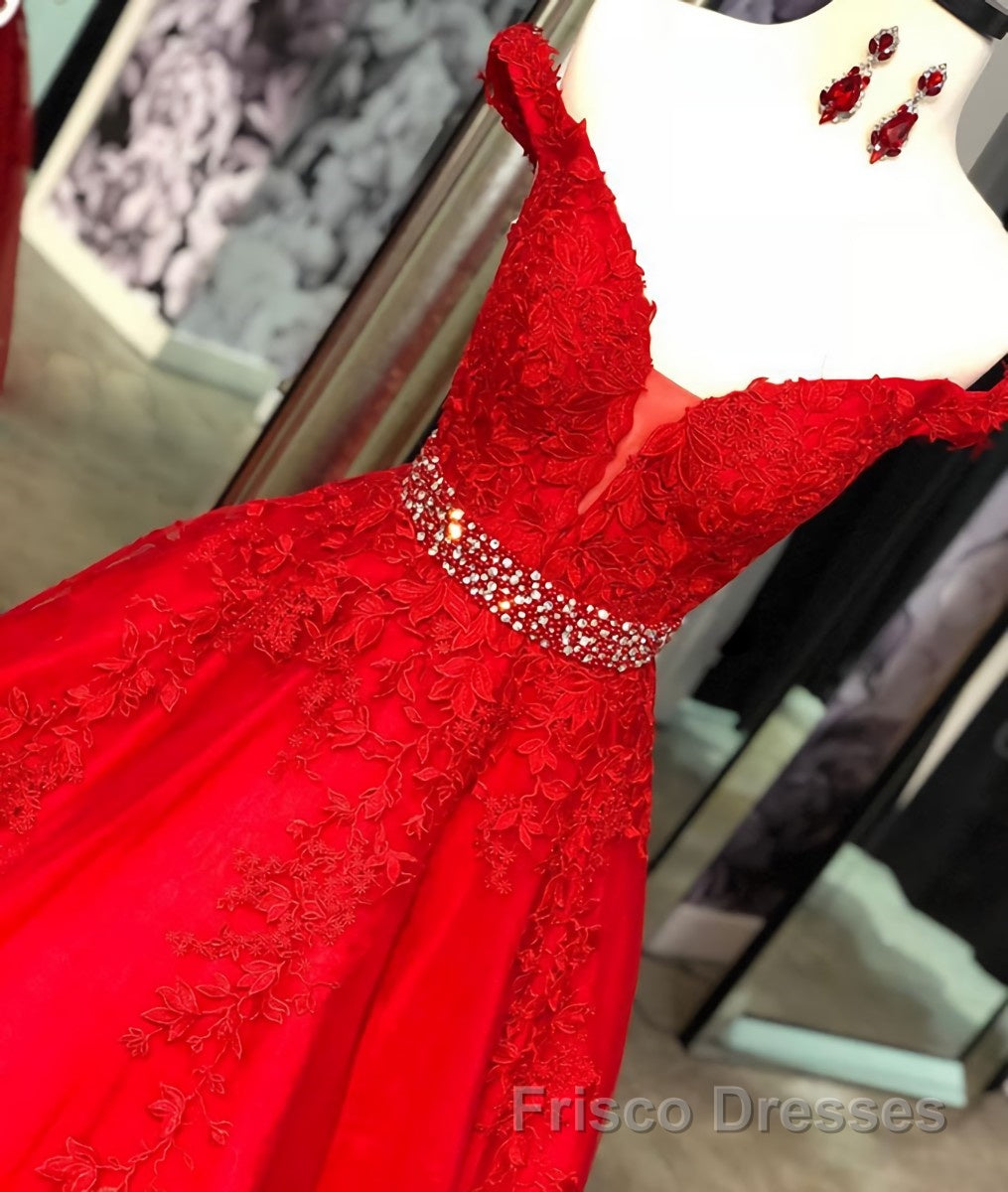 Red v neck tulle lace long Formal Prom Dresses, red tulle evening Dresses
