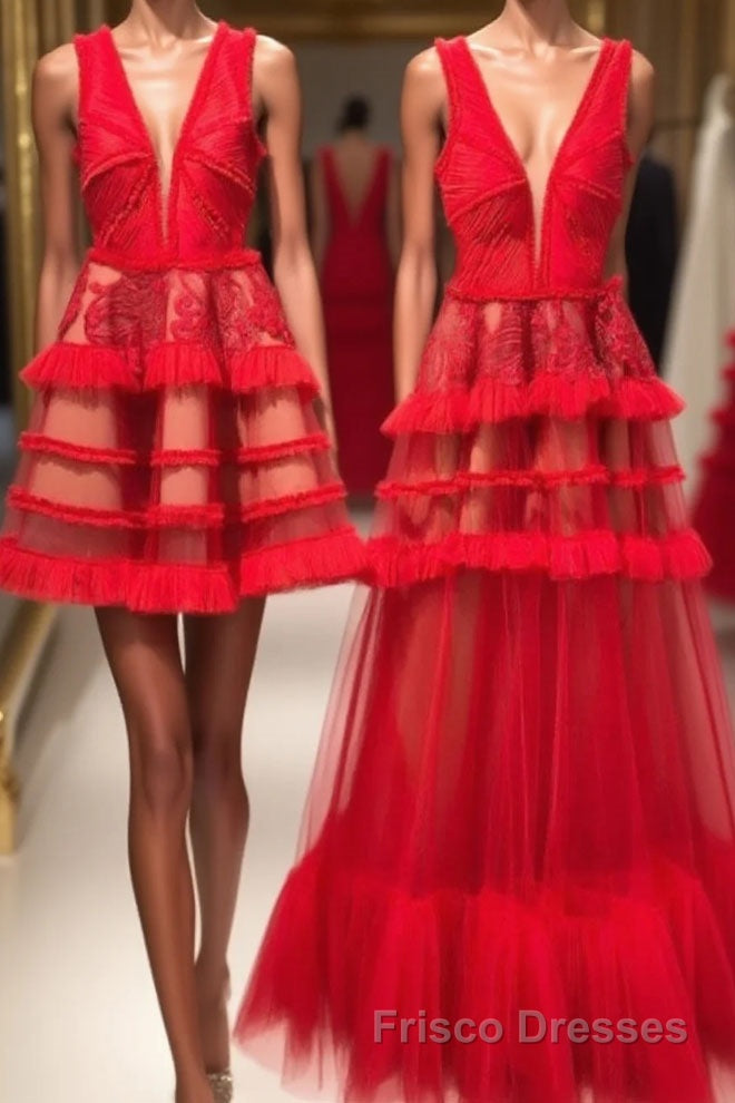 Red v neck tulle long Formal Prom Dresses, red tulle evening Dresses Main image
