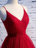 Red V-Neckline Tulle Straps Long Formal Dress, Red Layers Prom Dress