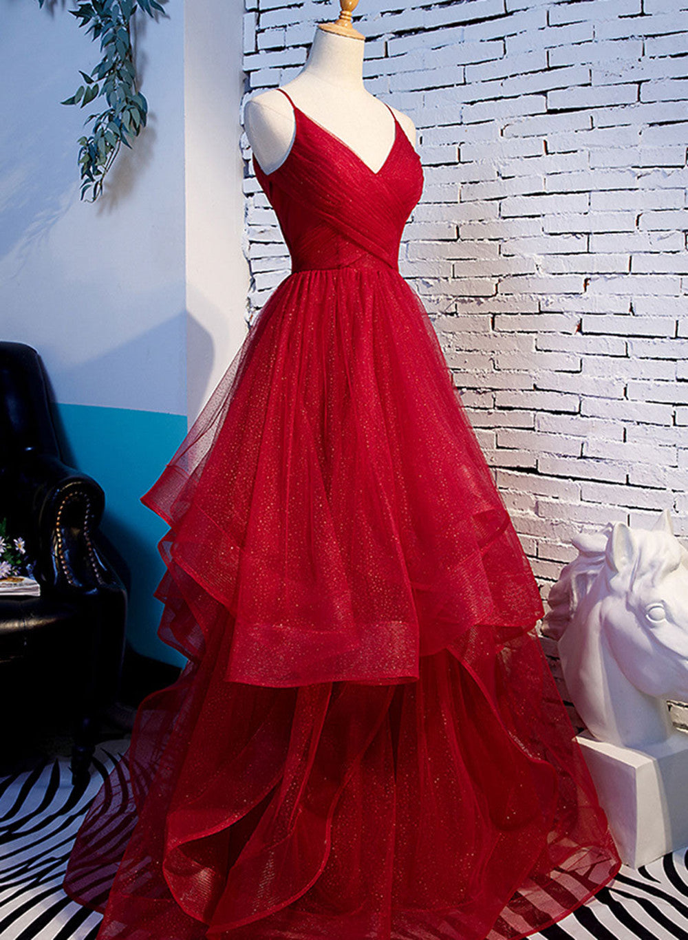 Red V-Neckline Tulle Straps Long Formal Dress, Red Layers Prom Dress