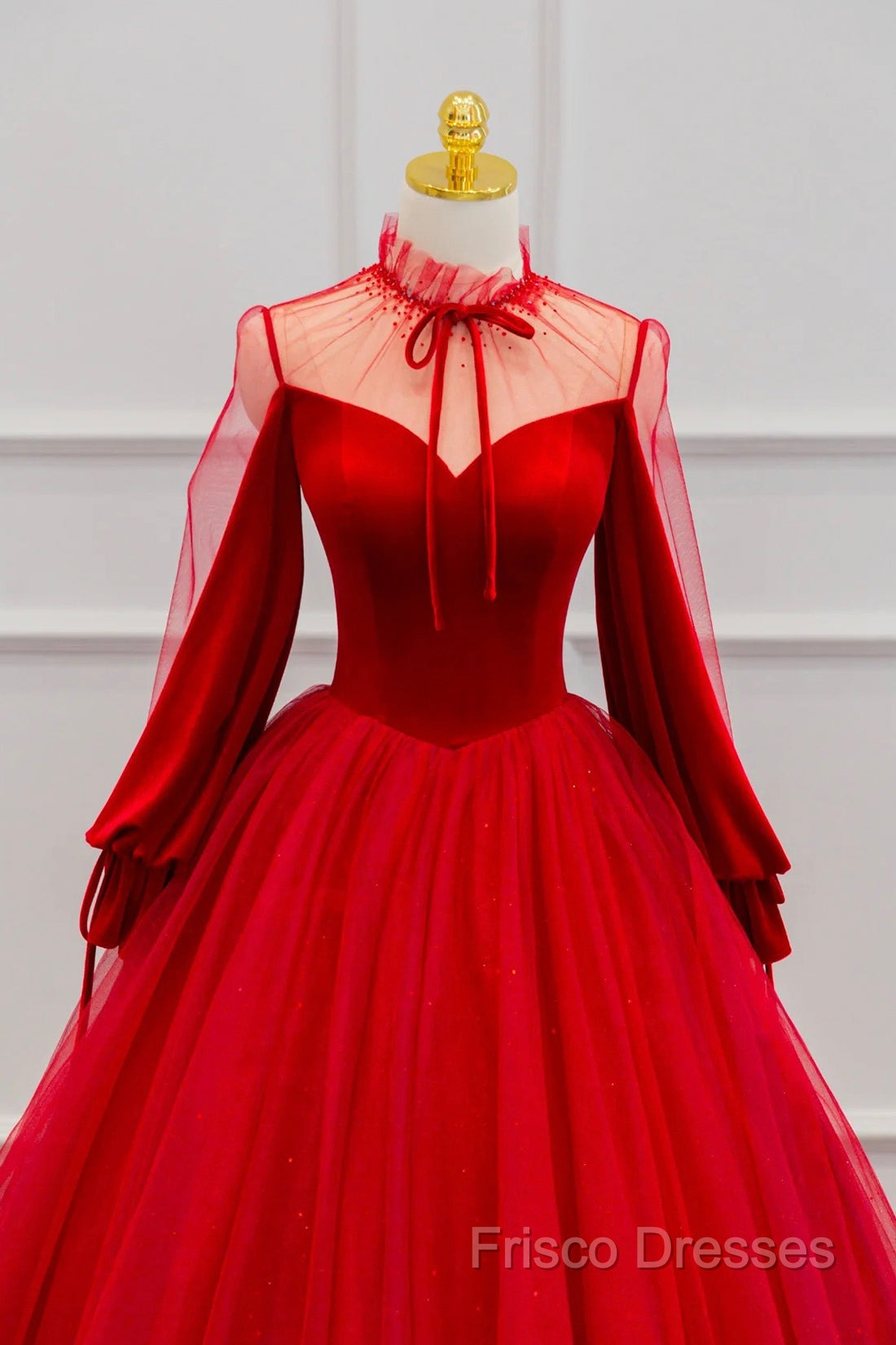 Red Velvet And Tulle Floor Length Formal Prom Dress, Long Sleeve Beautiful A-Line Party Dress Secondary image