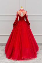 Red Velvet And Tulle Floor Length Formal Prom Dress, Long Sleeve Beautiful A-Line Party Dress