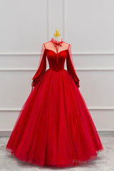 Red Velvet And Tulle Floor Length Prom Dress, Long Sleeve Beautiful A-Line Party Dress