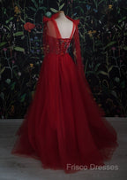 Red Velvet Formal Prom Dress Tulle Formal Gowns