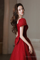 Red Velvet Tulle Long Prom Dress, Cute Short Sleeve Evening Dress