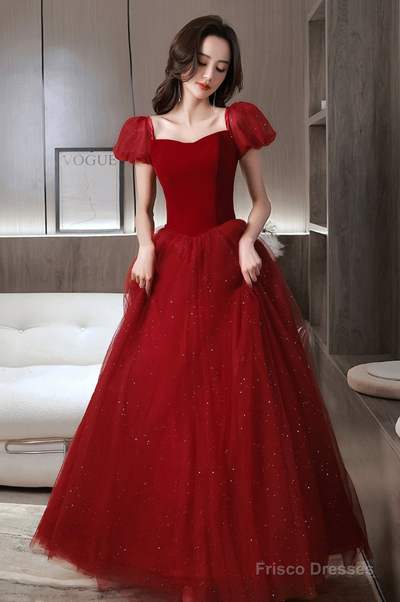 Red Velvet Tulle Long Prom Dress, Cute Short Sleeve Evening Dress Main image