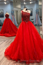 Blue Beaded One-Shoulder A-Line Long Formal Prom Dress