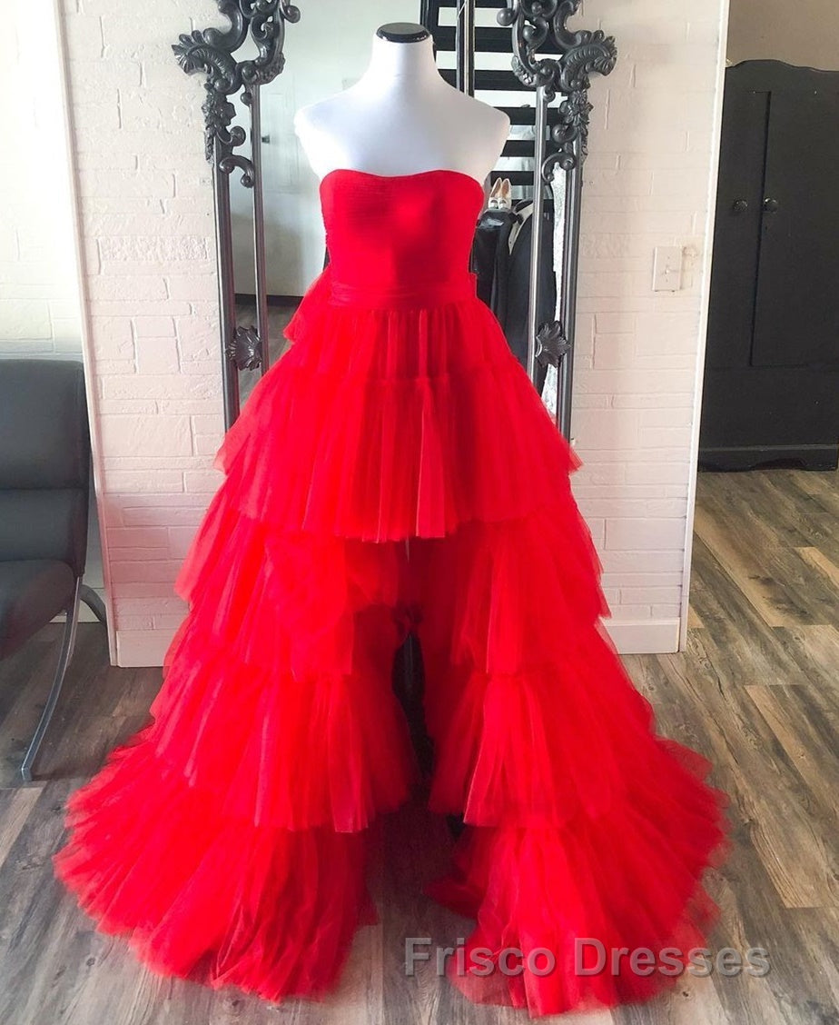 High Low Hot Pink Strapless Formal Prom Gown