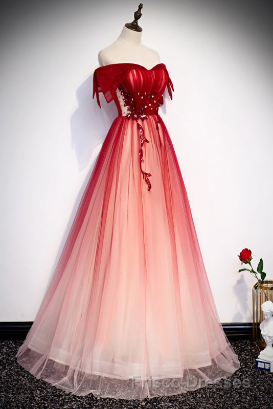 Red Off the Shoulder Long Tulle Formal Prom Dress with Beading, Party Gown with Sequins