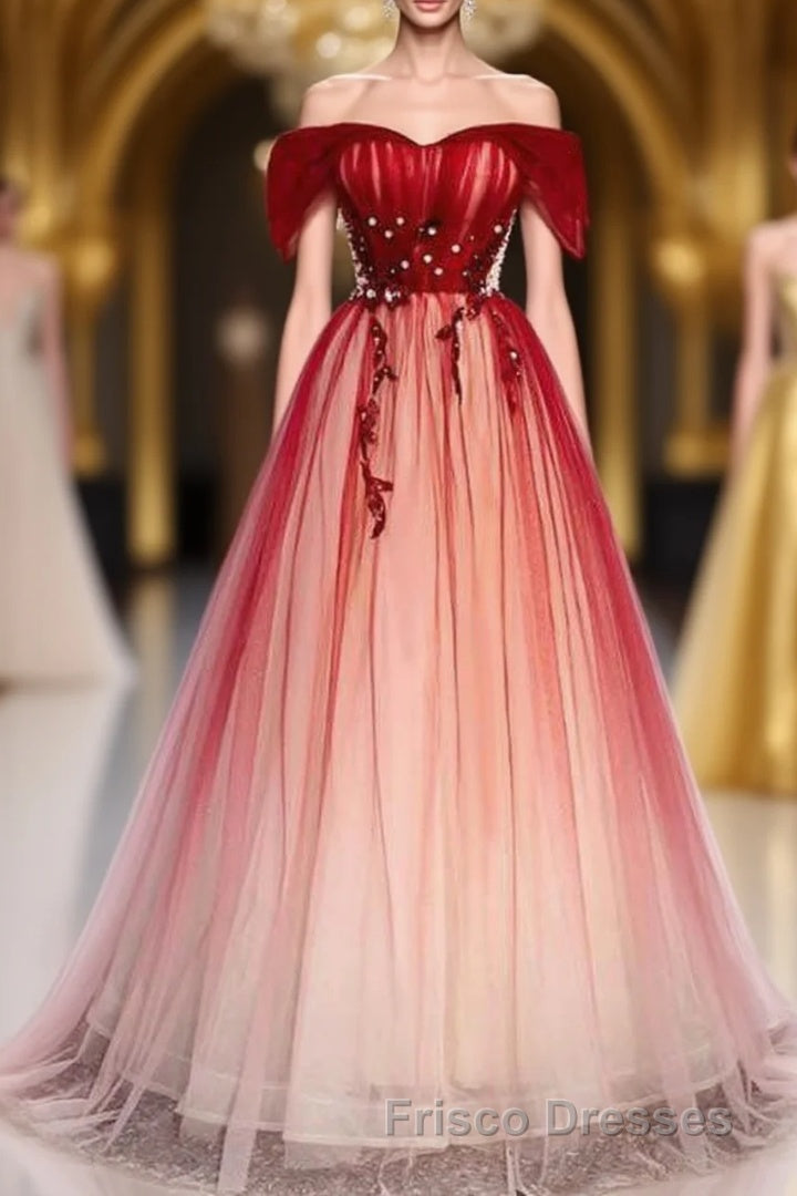 Red Off the Shoulder Long Tulle Formal Prom Dress with Beading, Party Gown with Sequins Main image