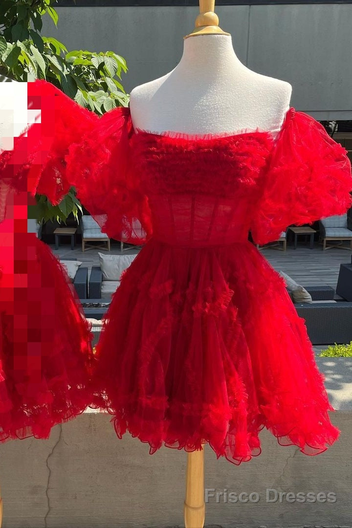 Red Tulle Puff Sleeves Ruffles Tulle Homecoming Dress Secondary image