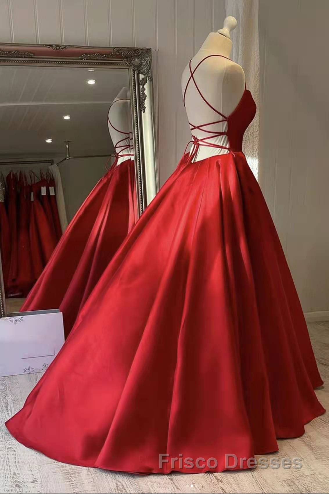 Red Satin Spaghetti Straps Long Formal Prom Dress, Puffy Princess Formal Prom Gown Secondary image