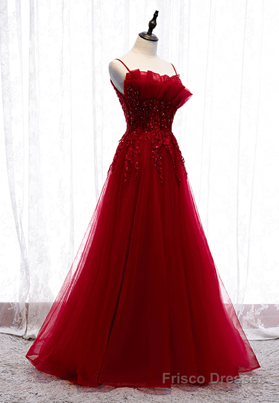 Burgundy Lace Long Prom Dresses, A-Line Spaghetti Strap Evening Dresses Main image