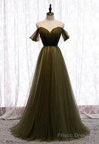 Green Tulle Long A-Line Prom Dresses, Off the Shoulder Evening Dresses