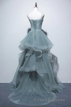 Gray Spaghetti Straps Tulle Princess Formal Prom Evening Party Dress Long Formal Prom Dress