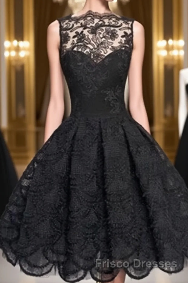 Retro A-line Black Lace Sleeveless Open Back Short Formal Prom Dresses, Homecoming Dresses Main image