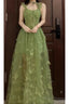 Retro A Line Spaghetti Straps Ankle Length Green Lace Prom Dresses Birthday Outfits