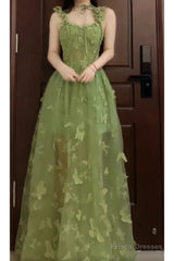 Retro A Line Spaghetti Straps Ankle Length Green Lace Prom Dresses Birthday Outfits