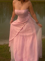 Retro A Line Strapless Pink Chiffon Long Party Dress Prom Dresses