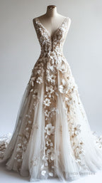 Retro A-Line V-Neck Tulle 3D Applique Wedding Dress Simple Beaded Ball Gown