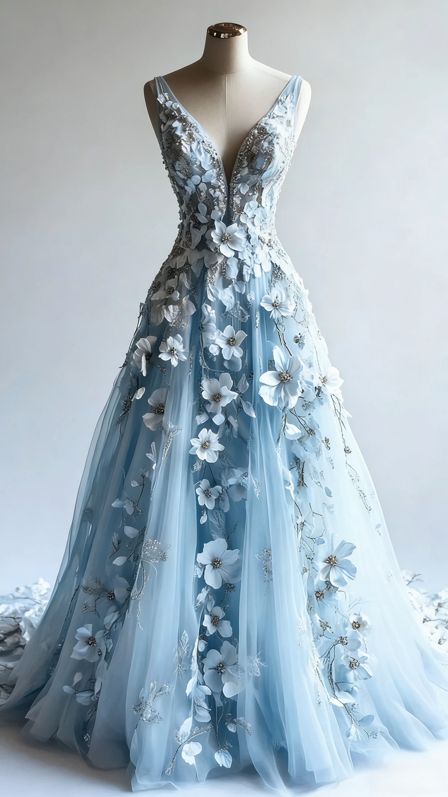 Retro A-Line V-Neck Tulle 3D Applique Wedding Dress Simple Beaded Evening Gown Secondary image