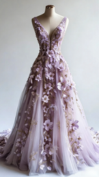 Retro A-Line V-Neck Tulle 3D Applique Wedding Dress Simple Beaded Evening Gown
