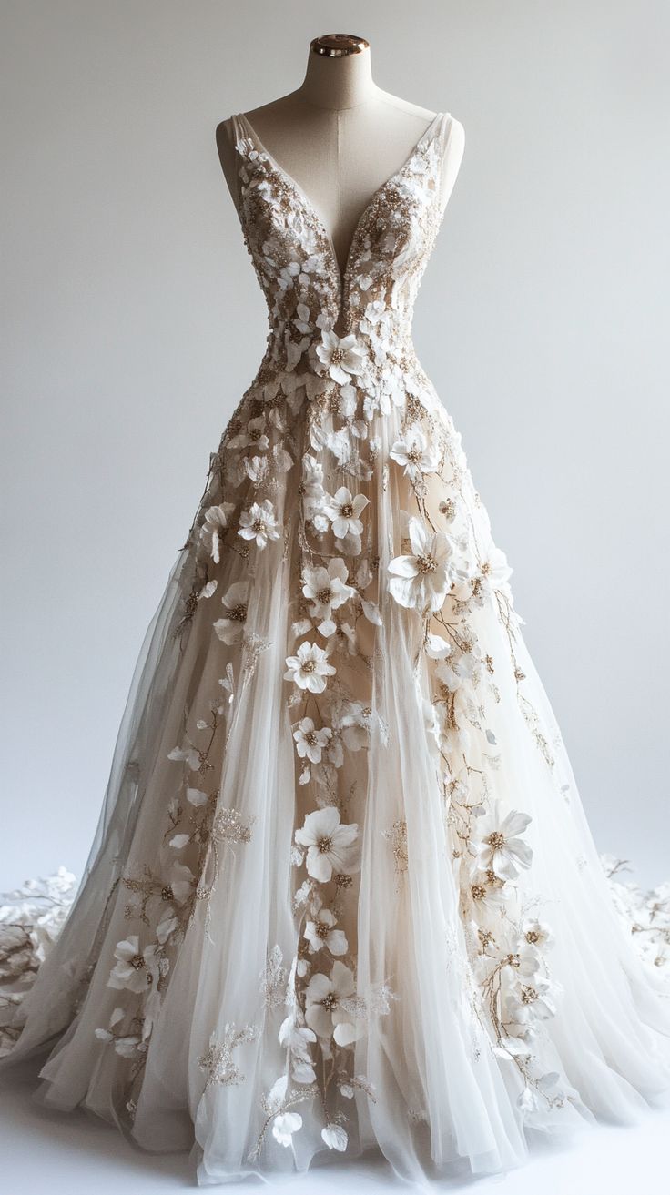 Retro A-Line V-Neck Tulle 3D Applique Wedding Dress Simple Beaded Evening Gown Main image
