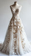 Retro A-Line V-Neck Tulle 3D Applique Wedding Dress Simple Beaded Evening Gown