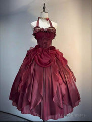 Retro Ball Gown Halter Burgundy Party Dress Prom Dresses Evening Dress