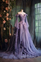 Retro Ball Gown Off The Shoulder Lilac Tulle Flowers Evening Dress Formal Prom Dress