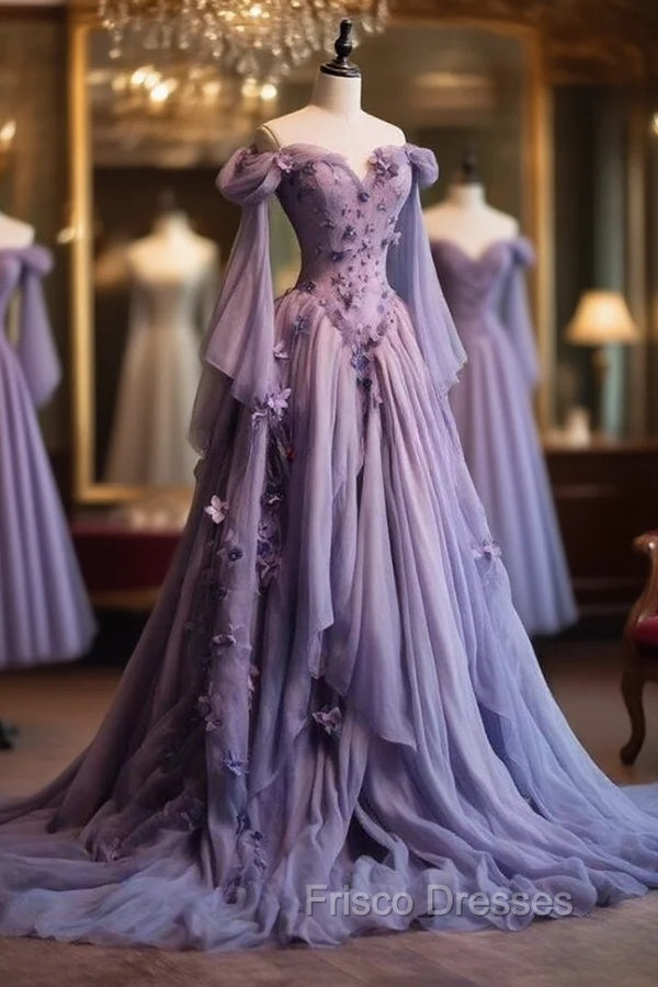 Retro Ball Gown Off The Shoulder Lilac Tulle Flowers Evening Dress Formal Prom Dress Main image