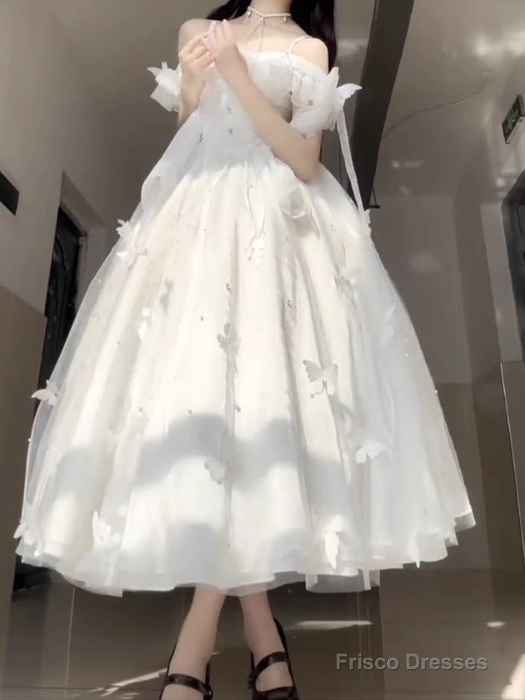 Retro Ball Gown Spaghetti Straps Ankle Length White Prom Dresses Birthday Outfits With Lace Main image