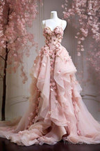 Retro Ball Gown Spaghetti Straps Pink Floral Tulle Evening Dress Prom Dresses