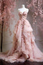 Retro Ball Gown Spaghetti Straps Pink Floral Tulle Evening Dress Prom Dresses