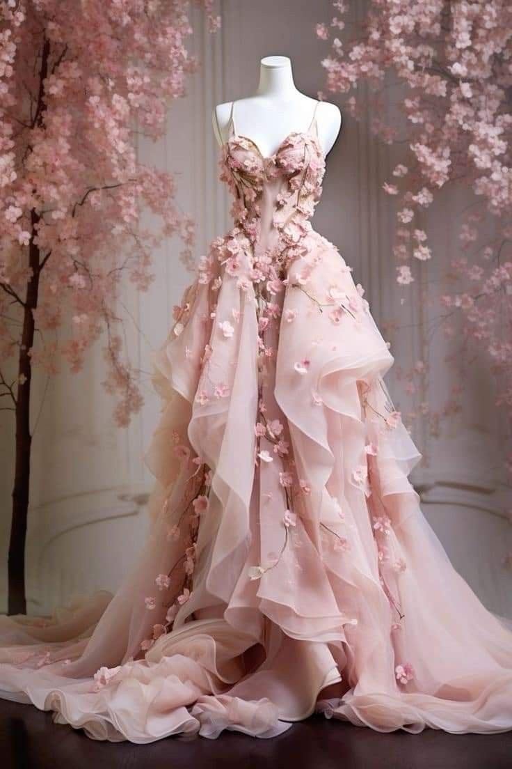 Retro Ball Gown Spaghetti Straps Pink Floral Tulle Evening Dress Prom Dresses Main image