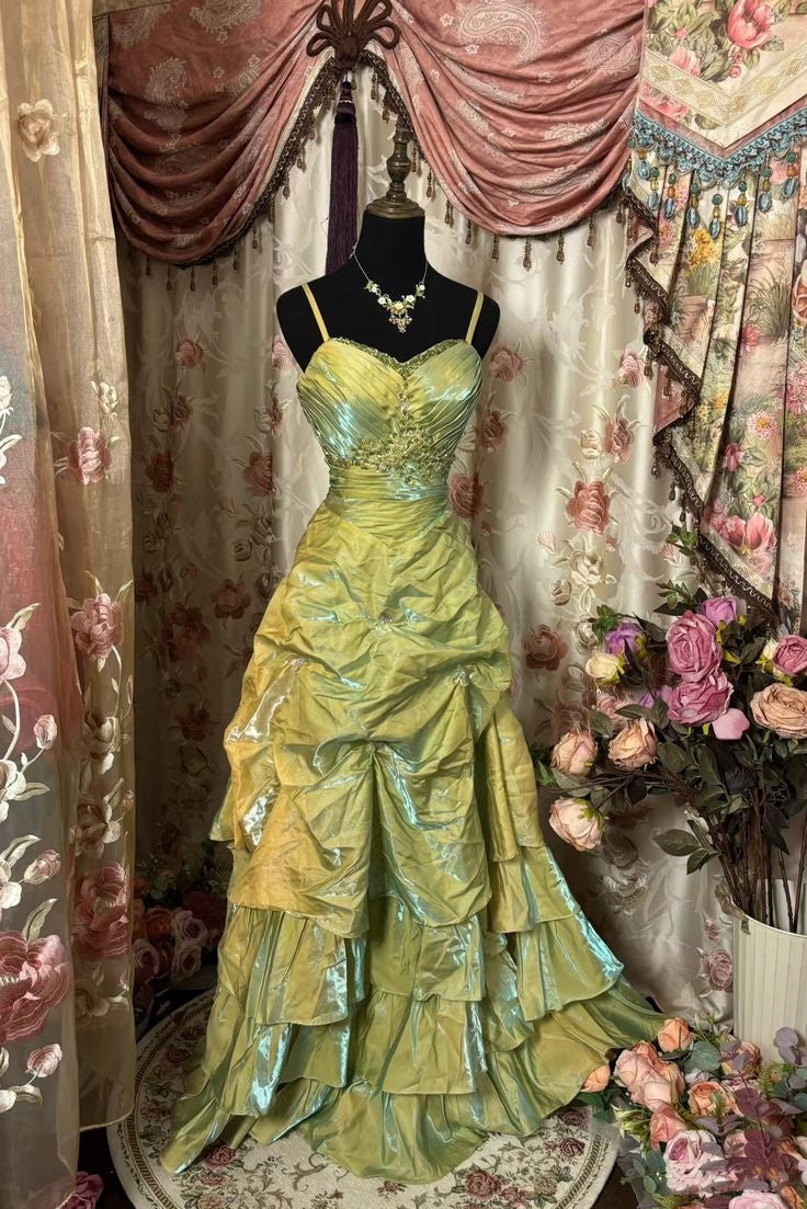 Retro Ball Gown Straps Satin Sage Green Long Party Dress Prom Dresses Main image