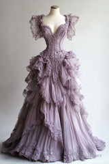 Retro Ball Gown Sweetheart Layers Lilac Tulle Party Dress Long Prom Dresses Evening Dress